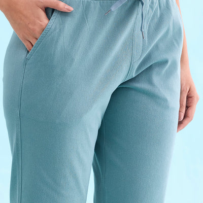 Women Solid Cotton Teal Cuffed Joggers