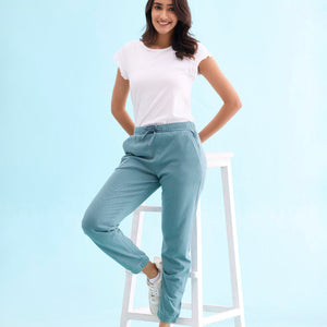 Women Solid Cotton Teal Cuffed Joggers