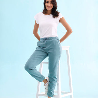 Women Solid Cotton Teal Cuffed Joggers