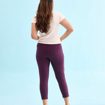 Women Solid Dark Wine Mid Rise Cropped Jeggings