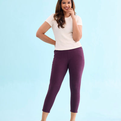 Women Solid Dark Wine Mid Rise Cropped Jeggings