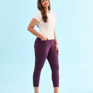 Women Solid Dark Wine Mid Rise Cropped Jeggings