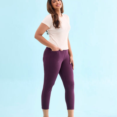 Women Solid Dark Wine Mid Rise Cropped Jeggings