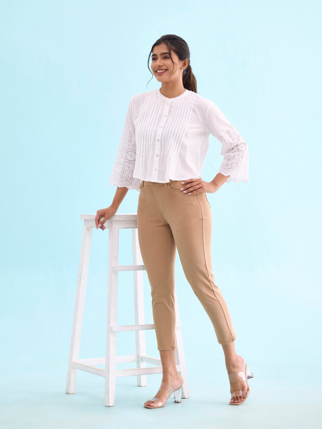 Women Solid Khaki Mid Rise Cropped Jeggings