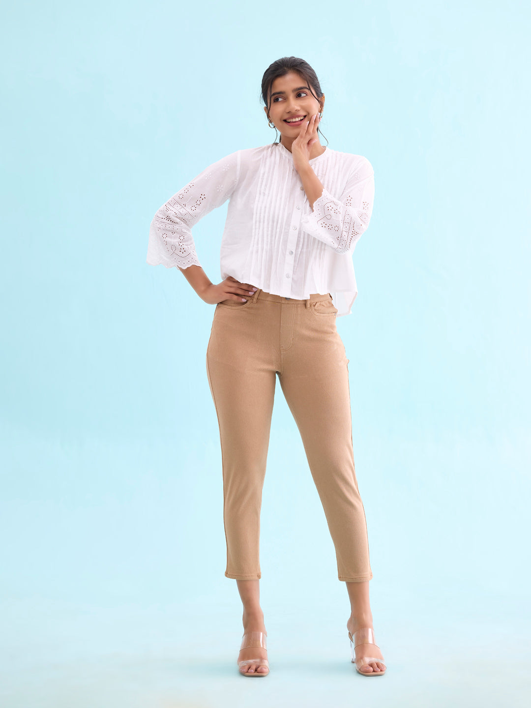 Women Solid Khaki Mid Rise Cropped Jeggings