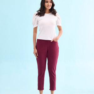 Women Solid Maroon Mid Rise Cropped Jeggings