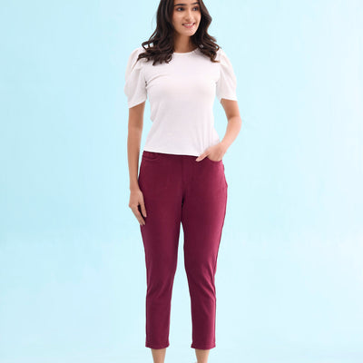 Women Solid Maroon Mid Rise Cropped Jeggings