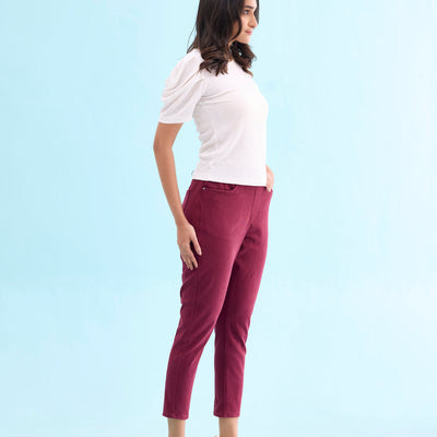 Women Solid Maroon Mid Rise Cropped Jeggings