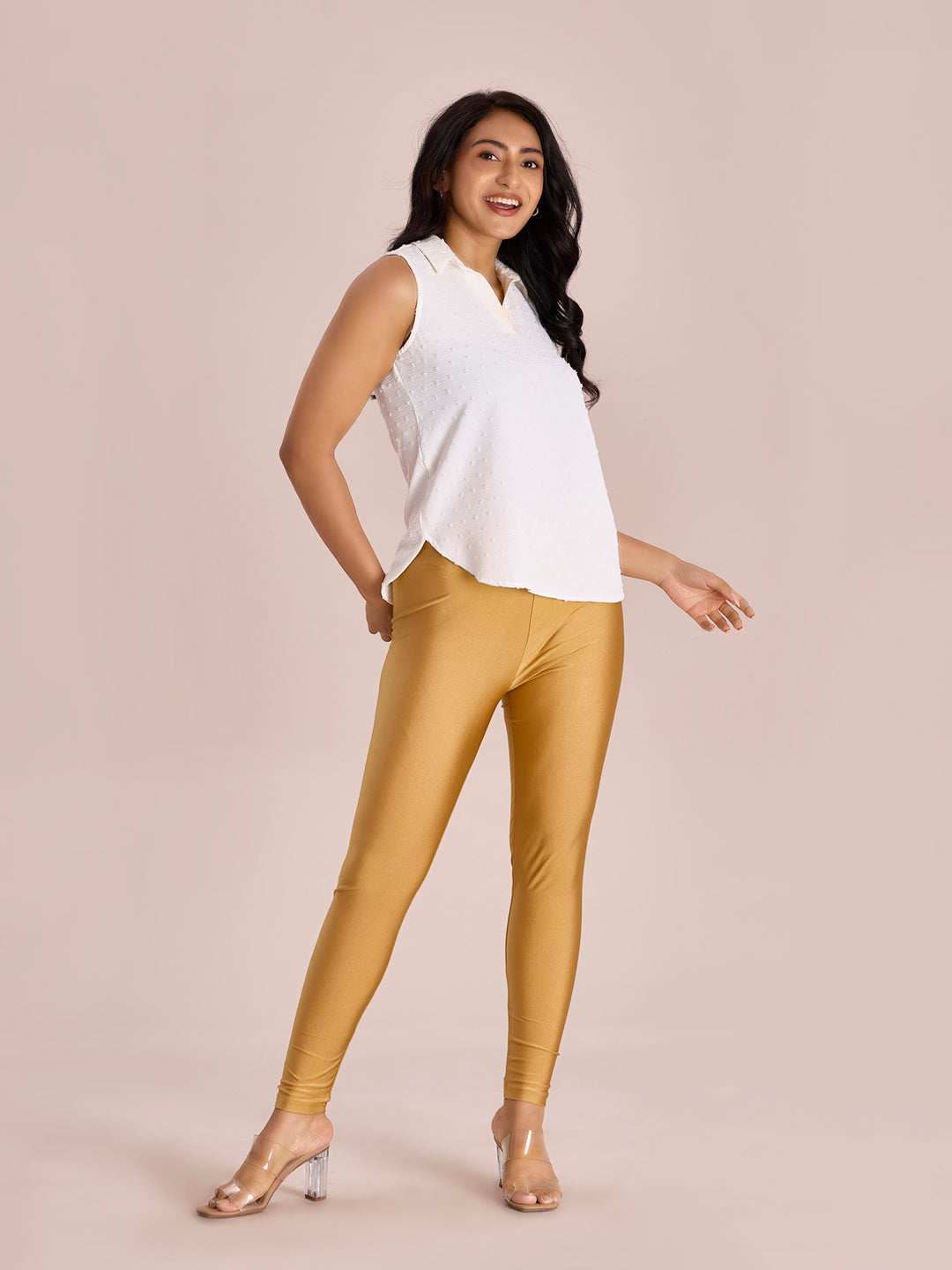 Women Solid Bright Gold Slim Fit Shimmer Leggings