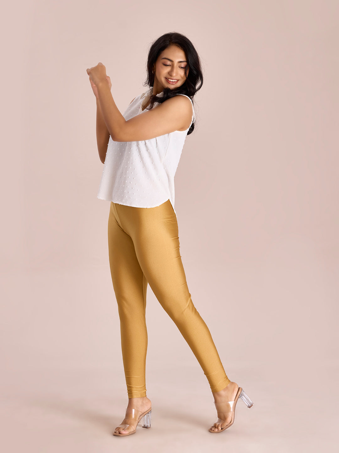 Women Solid Bright Gold Slim Fit Shimmer Leggings