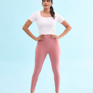 Women Solid Dusty Pink Nylon Fitness Tights