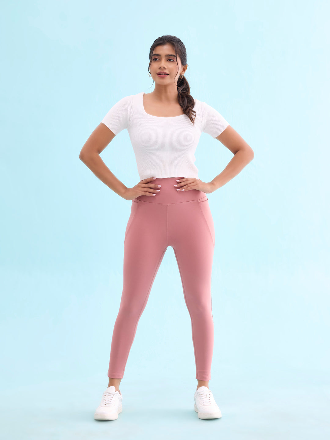 Women Solid Dusty Pink Nylon Fitness Tights