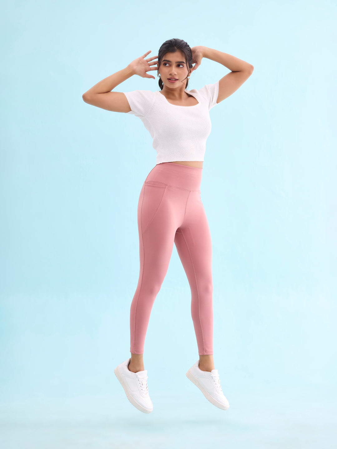 Women Solid Dusty Pink Nylon Fitness Tights