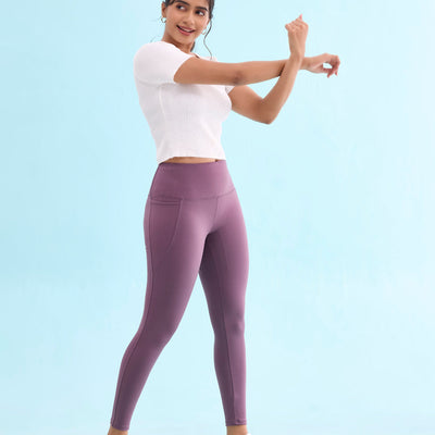 Women Solid Purple Nylon Fitness Tights
