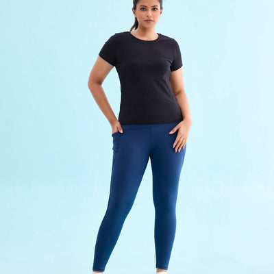 Women Solid Teal Nylon Fitness Tights