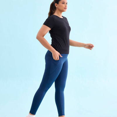 Women Solid Teal Nylon Fitness Tights