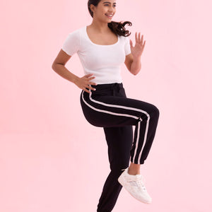 Women Black Cotton Side Stripe Active Joggers