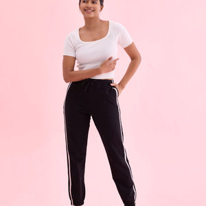 Women Black Cotton Side Stripe Active Joggers