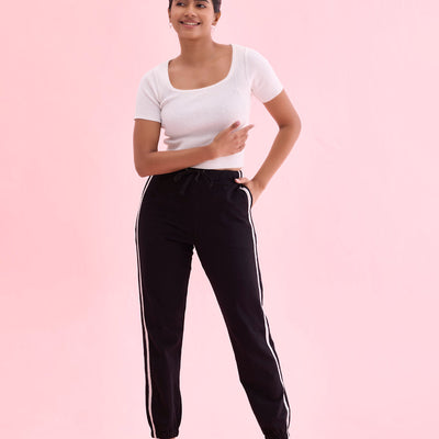 Women Black Cotton Side Stripe Active Joggers