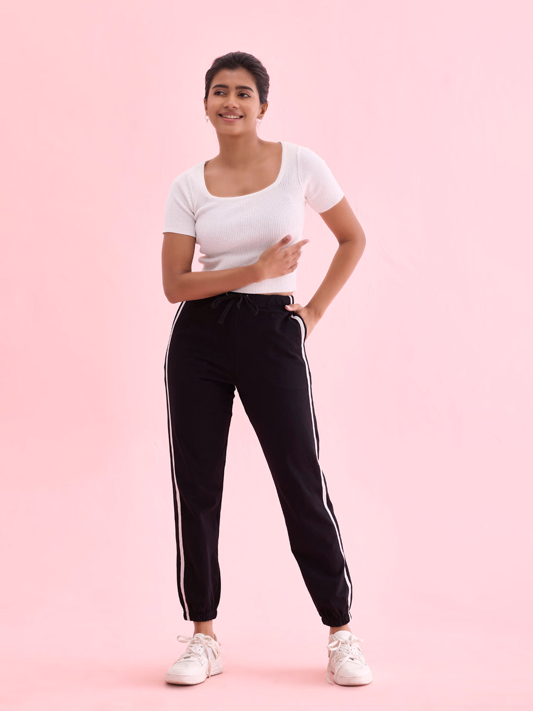 Women Black Cotton Side Stripe Active Joggers