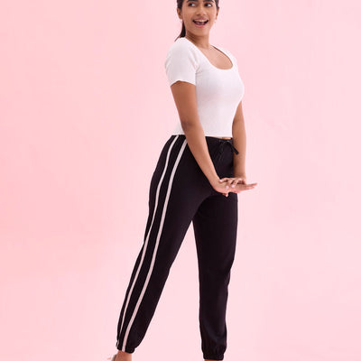Women Black Cotton Side Stripe Active Joggers