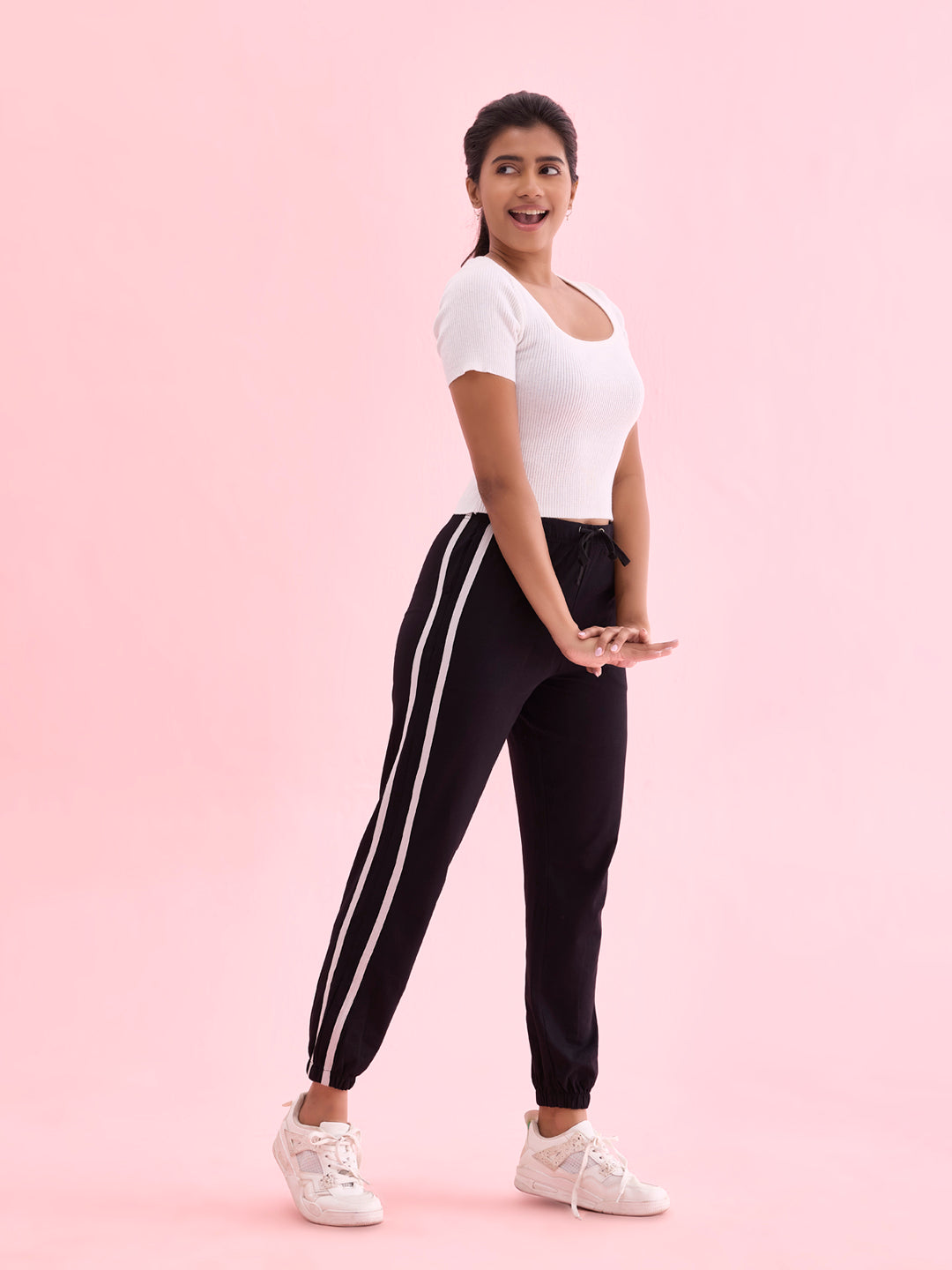 Women Black Cotton Side Stripe Active Joggers