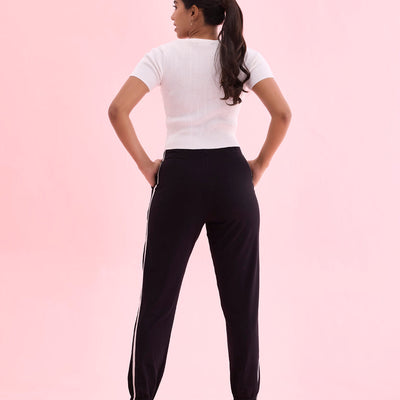 Women Black Cotton Side Stripe Active Joggers