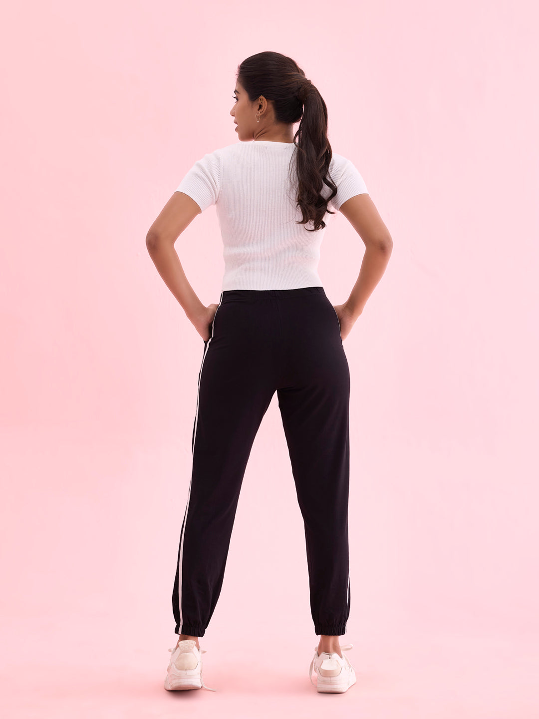 Women Black Cotton Side Stripe Active Joggers