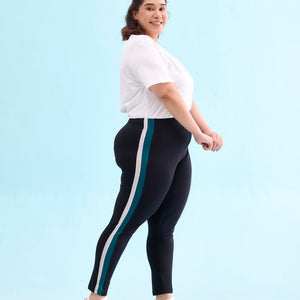 Women Solid Black Stripe Mid Rise Active Leggings