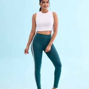 Women Green Cotton Side Stripe Active Leggings