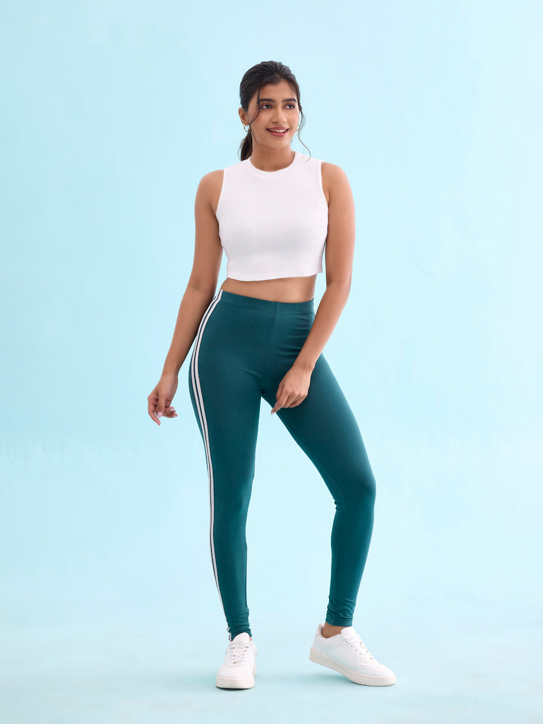 Women Green Cotton Side Stripe Active Leggings