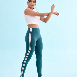 Women Green Cotton Side Stripe Active Leggings
