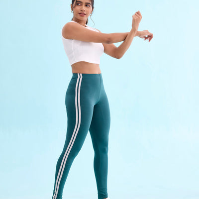 Women Green Cotton Side Stripe Active Leggings