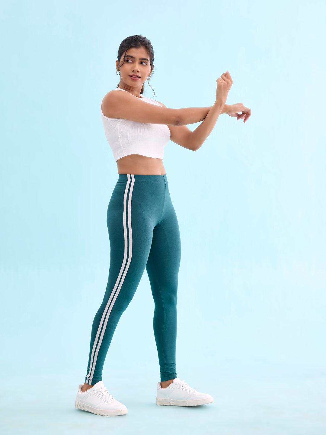 Women Green Cotton Side Stripe Active Leggings