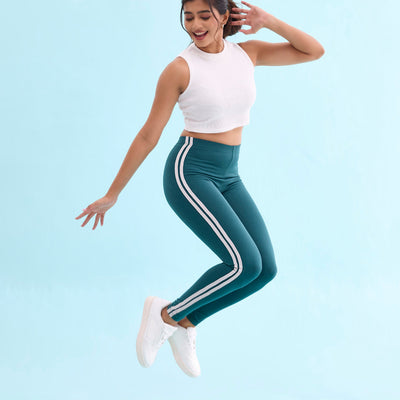 Women Green Cotton Side Stripe Active Leggings