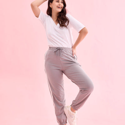 Women Grey Cotton Side Stripe Active Joggers