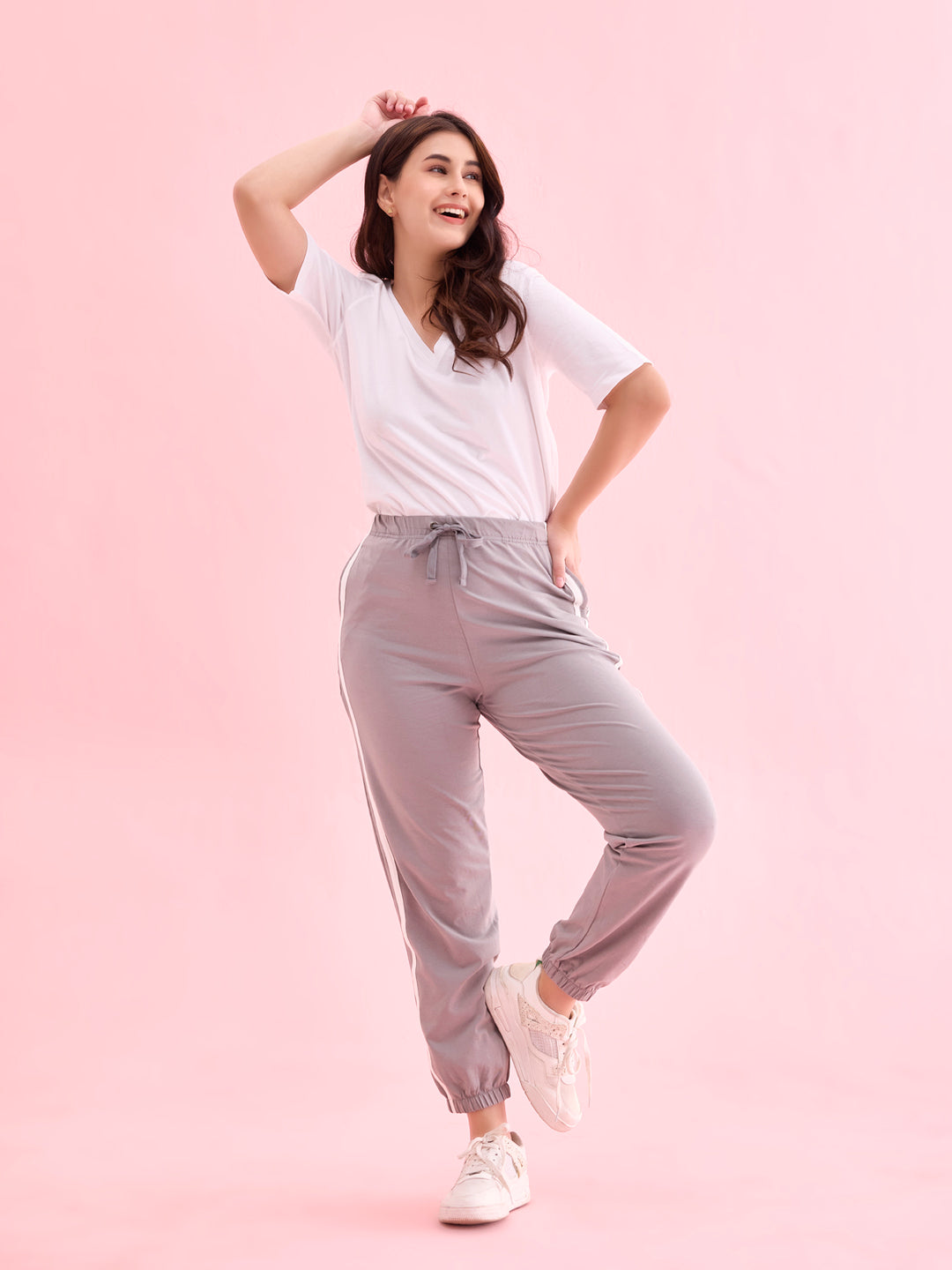 Women Grey Cotton Side Stripe Active Joggers
