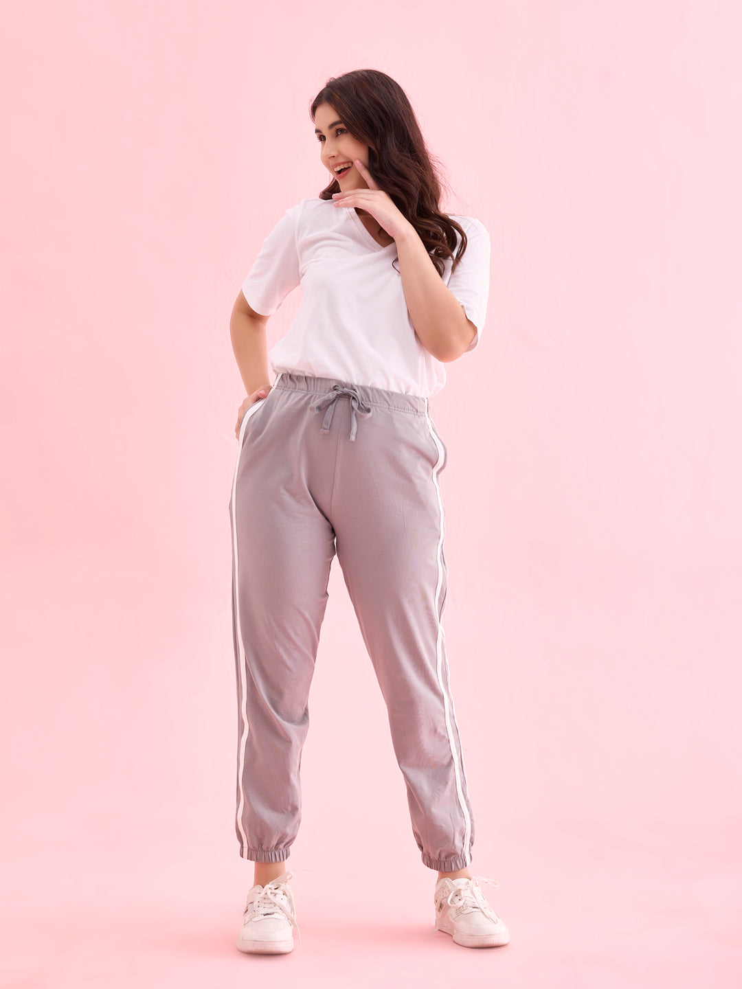 Women Grey Cotton Side Stripe Active Joggers