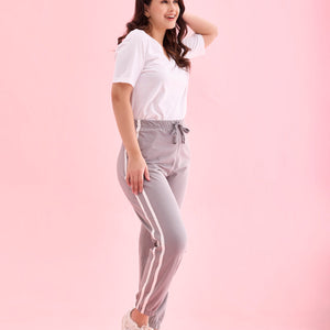 Women Grey Cotton Side Stripe Active Joggers
