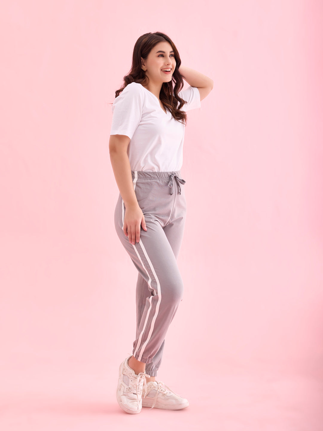 Women Grey Cotton Side Stripe Active Joggers