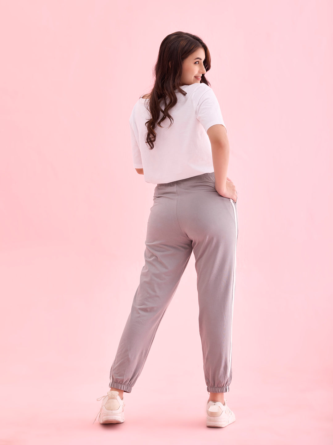 Women Grey Cotton Side Stripe Active Joggers