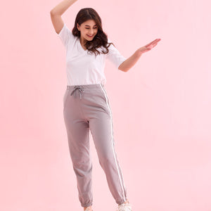 Women Grey Cotton Side Stripe Active Joggers