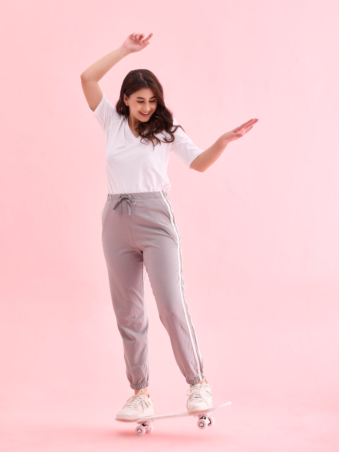 Women Grey Cotton Side Stripe Active Joggers