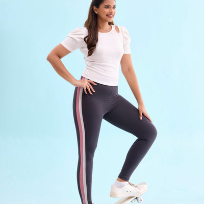 Women Solid Grey Stripe Active Leggings