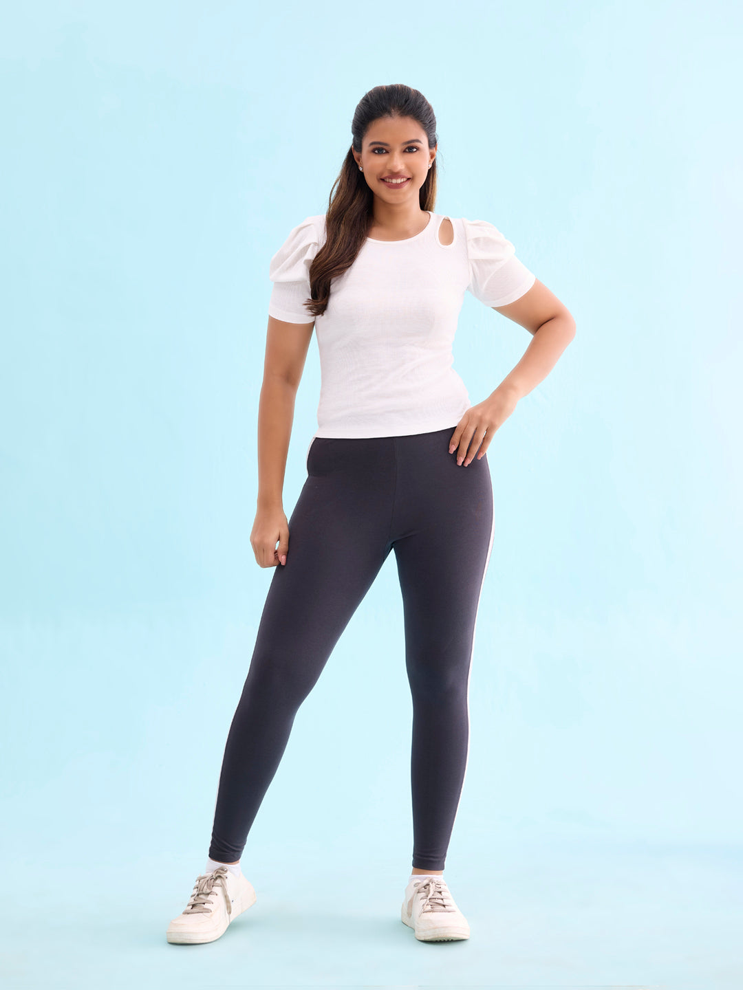 Women Solid Grey Stripe Active Leggings