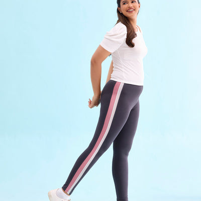 Women Solid Grey Stripe Active Leggings