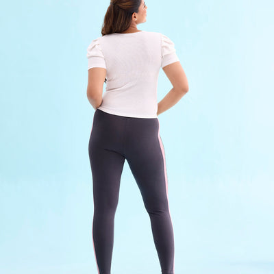 Women Solid Grey Stripe Active Leggings