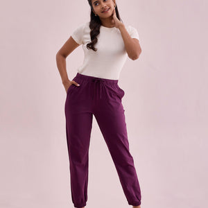 Women Solid Dark Purple Mid Rise Cotton Casual Joggers