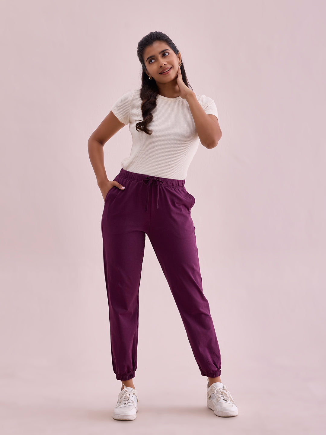 Women Solid Dark Purple Mid Rise Cotton Casual Joggers