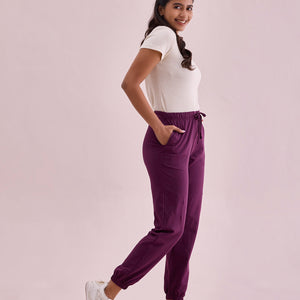 Women Solid Dark Purple Mid Rise Cotton Casual Joggers